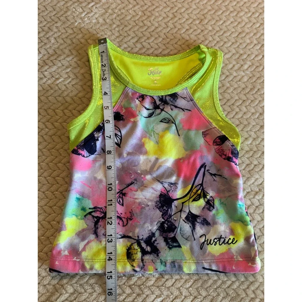 Justice Girls Lime Green Metallic Floral Racerback Active Tank Top Size S 7/8